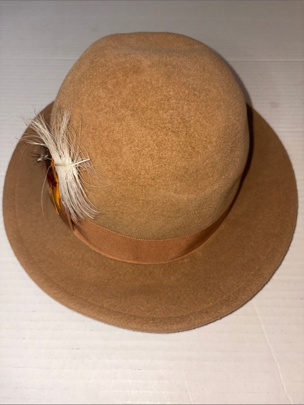 Betmar New York Wool Felt Hat Tan “Diane Keaton” with ribbon bow feather trim